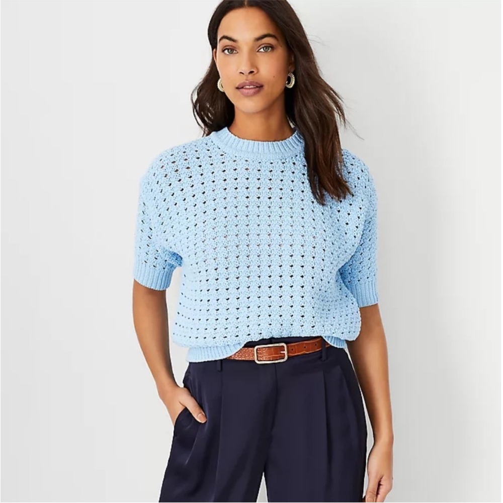 Ann Taylor Geo Stitch Elbow Sleeve Sweater - Pastel Blue
